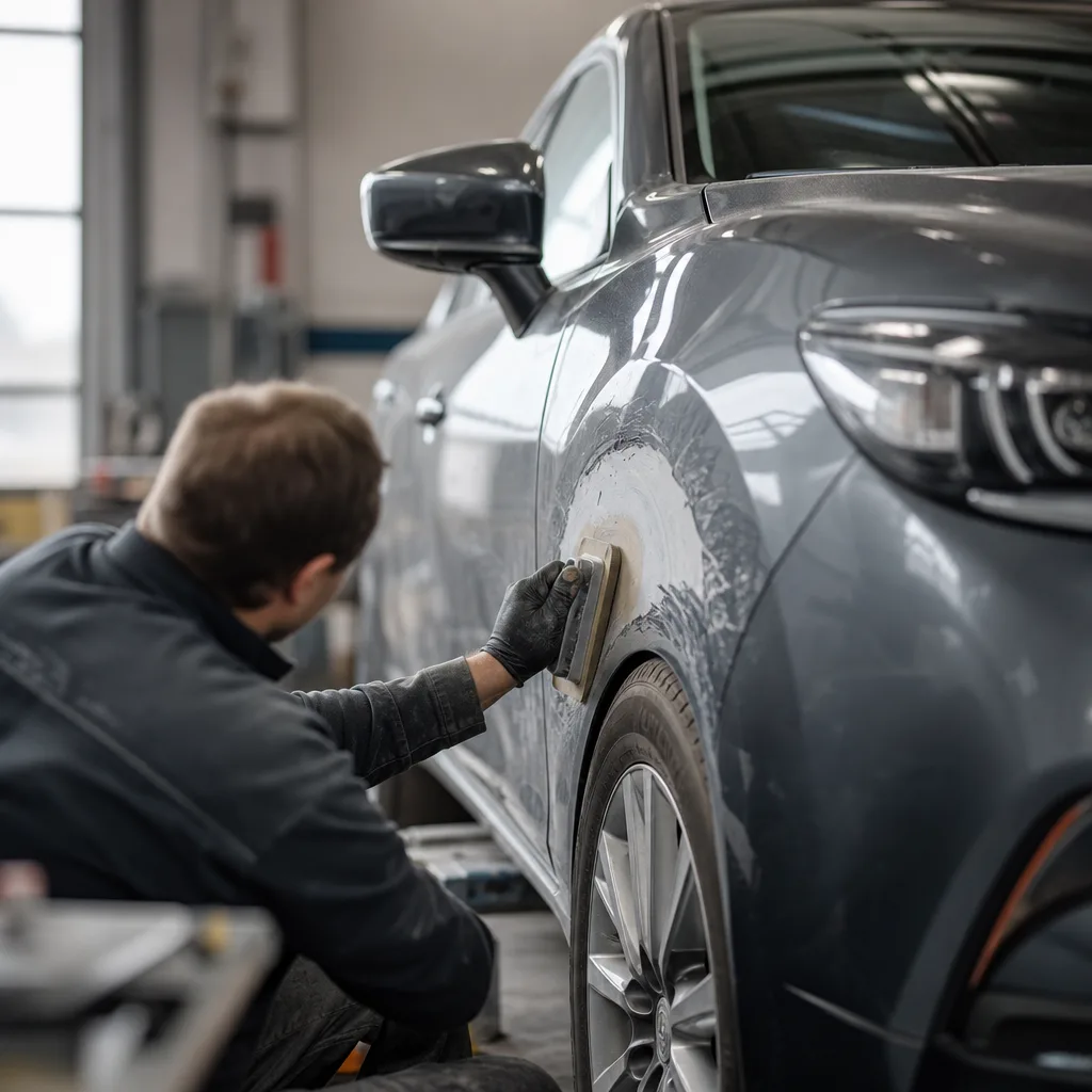 A car with minor bodywork damage being repaired at a UK garage in 2026