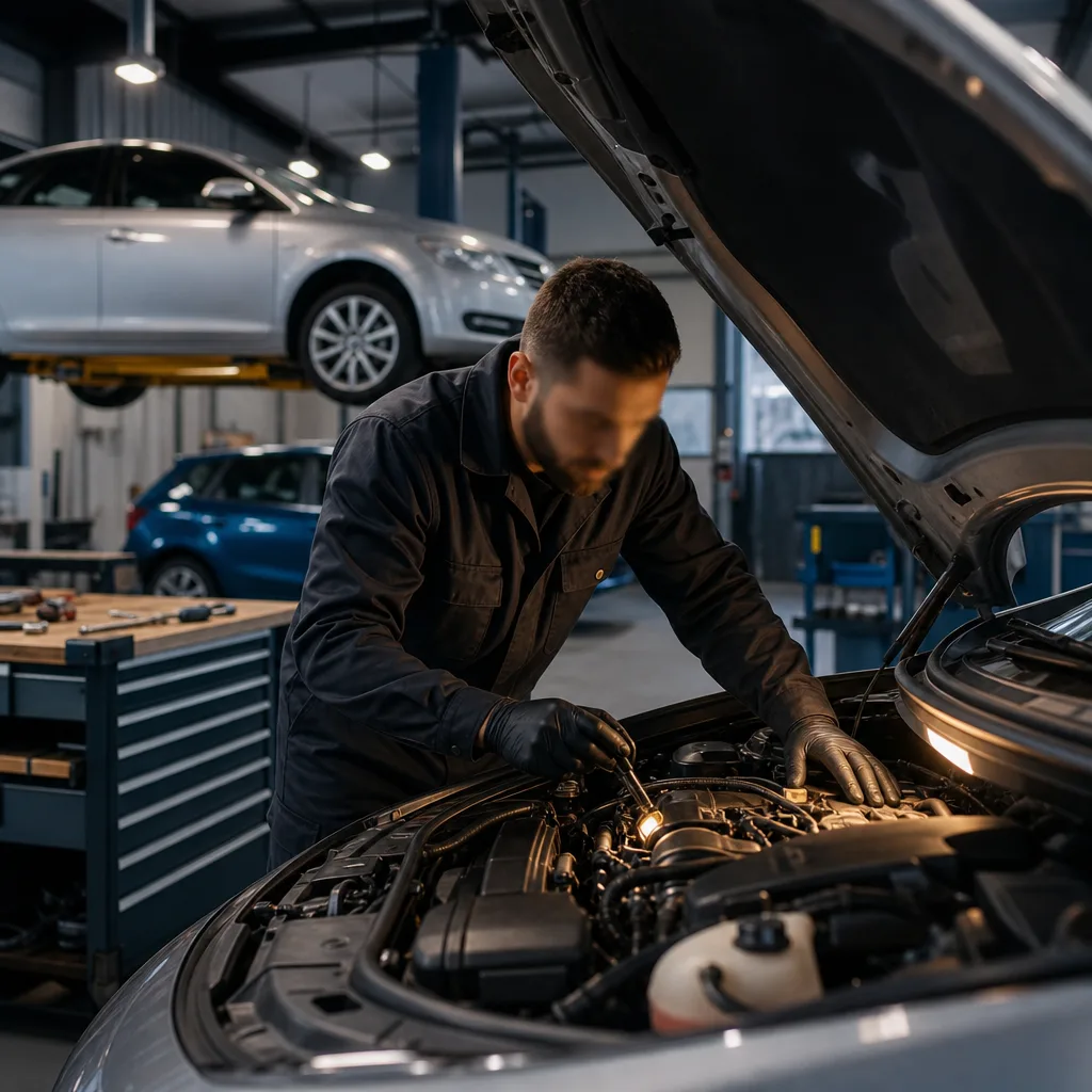 A mechanic inspecting a car engine in a clean, modern garage