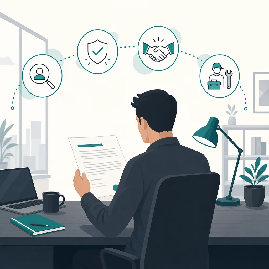 A person reading a no win no fee agreement document in a modern office.